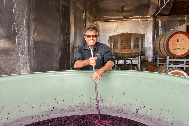 Man stirring grapes inside a huge tank 